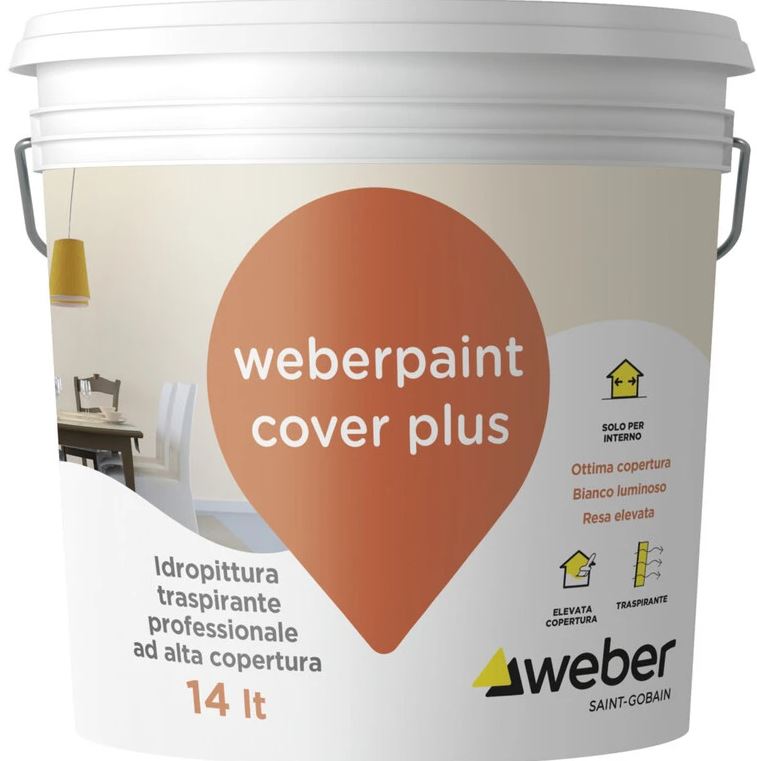 WEBERPAINT  COVER PLUS  IDROPITTURA TRASPIRANTE PROFESSIONALE AD ALTA COPERTURA PER INTERNI 14 L
